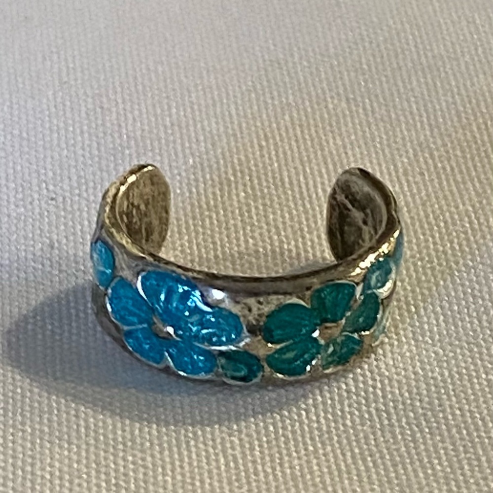 Floral Enamel Blue & Green Toe Ring Silver